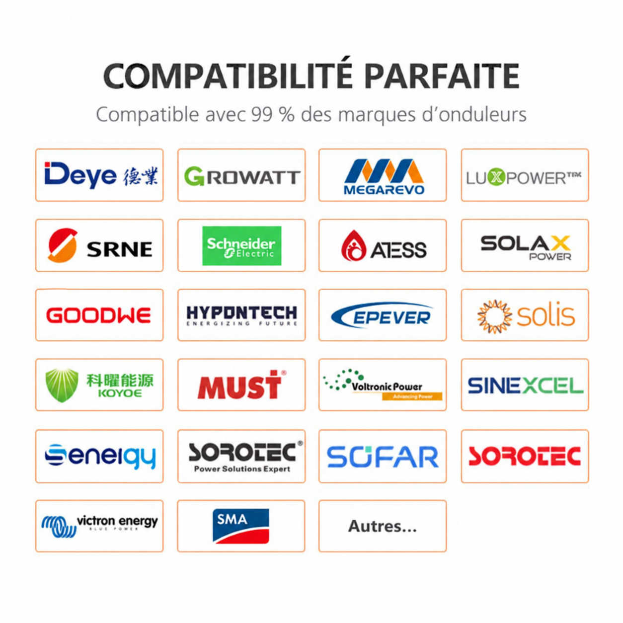 Compatibilité LITHTECH avec les marques d’onduleurs – visuel traduit en français